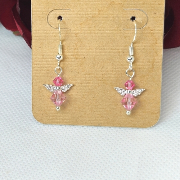 Handmade Pink AB Crystal Guardian Angel Sterling Silver Earrings Handmade by me! - Picture 3 of 14